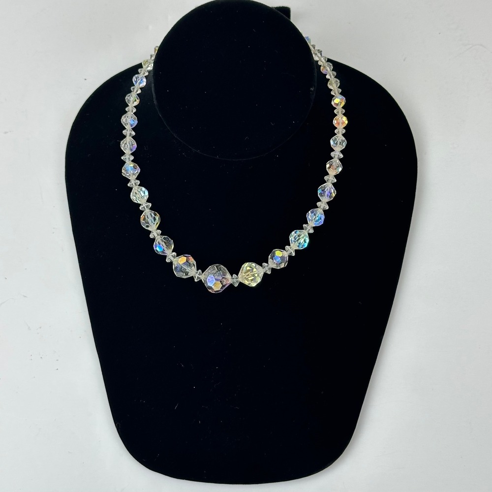 Vintage Aurora Borealis Crystal Graduated Bead Necklace Iridescent MCM 16 Inch